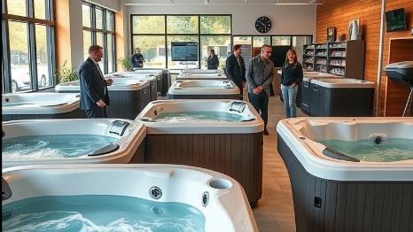 Happy customers exploring hot tubs in a vibrant showroom with sales staff.