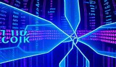 cutting-edge AI writing, visionary expression, synthesizing ideas, photorealistic, in a digital realm with geometric light structures, highly detailed, cascading code lines, soft focus, holographic blue and pink, diffused soft lighting, shot with a fisheye lens.