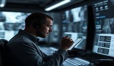 state-of-the-art article creation, concentrated expression, refining language, photorealistic, in a futuristic newsroom with interactive displays, highly detailed, glowing interface panels, narrow depth of field, sleek black and white, spot lighting, shot with a portrait lens.